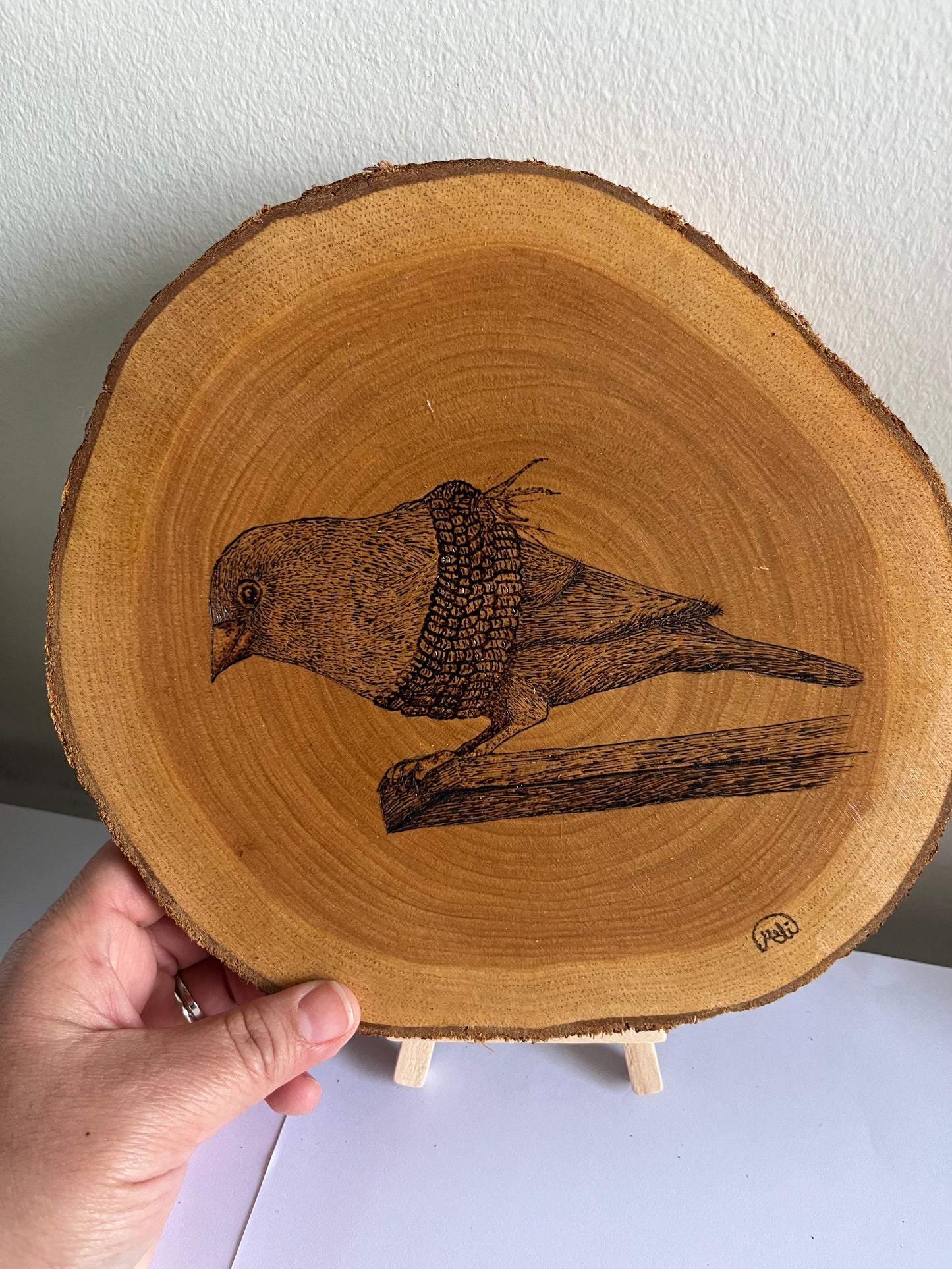 Songbird on Branch | Original Pyrography on Natural Wood Slice | Handmade by Rosaria