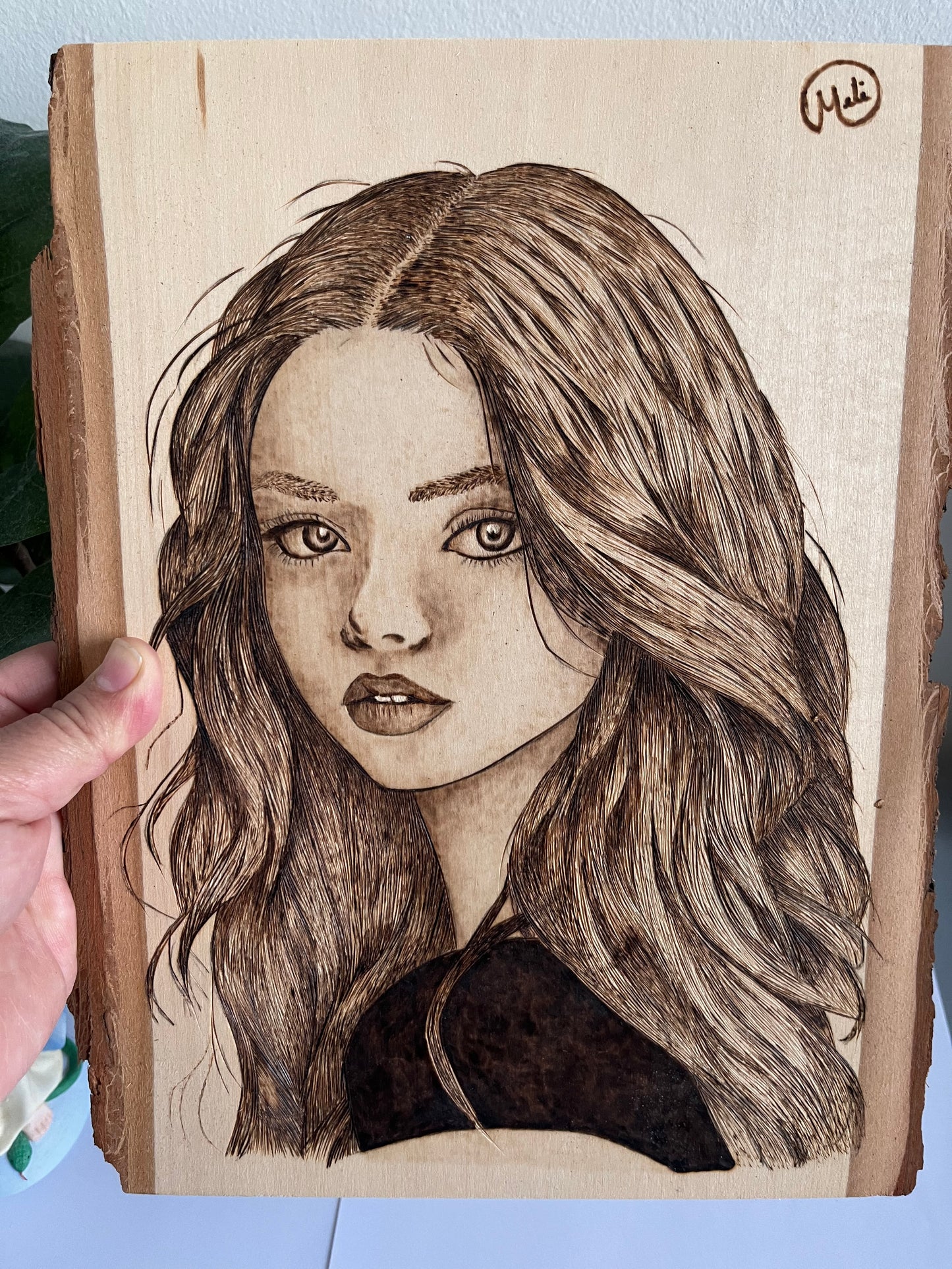 Female Portrait | Original Pyrography on Live-Edge Wood Plank | Handmade by Rosaria