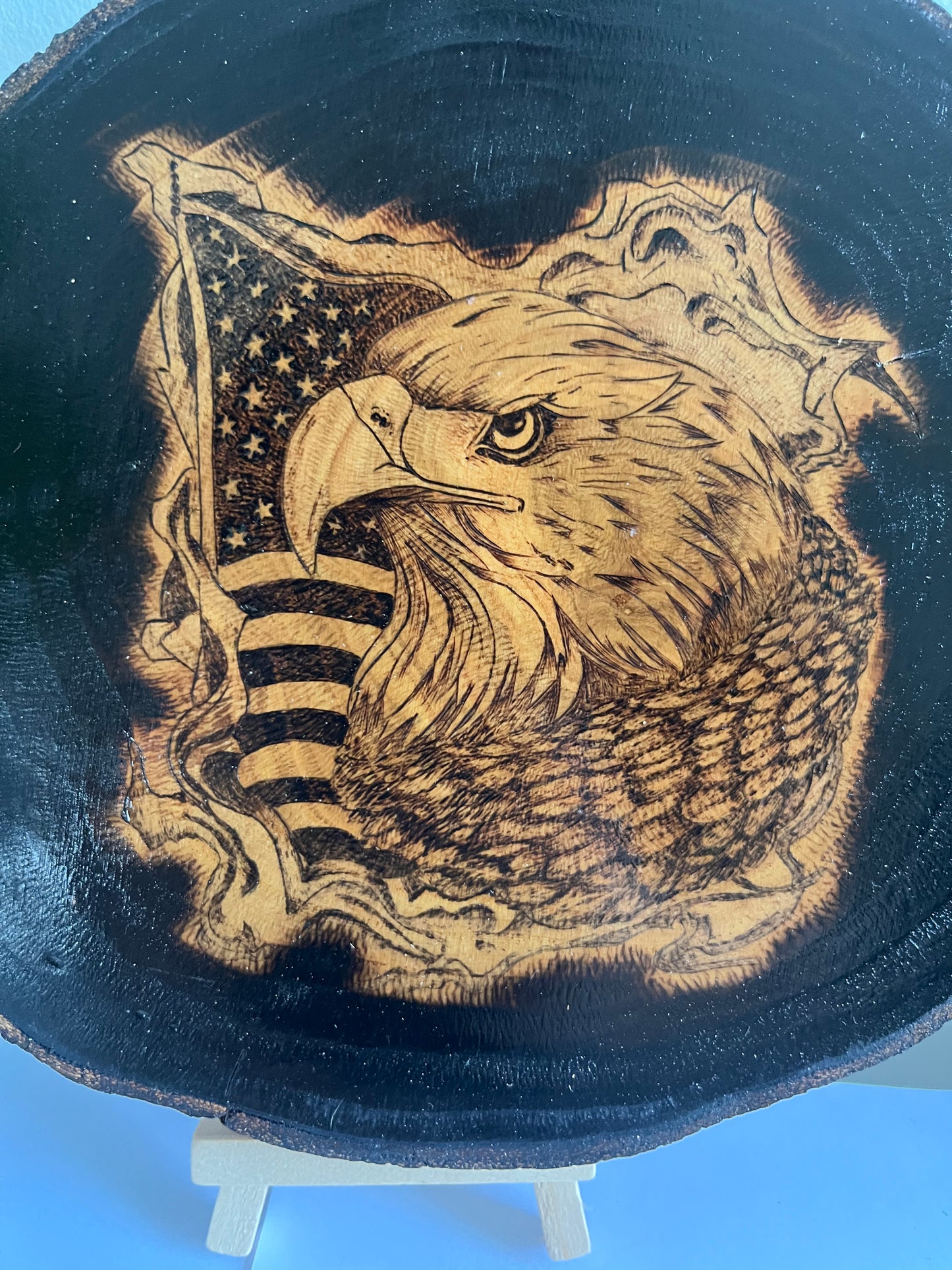 American Eagle & Flag | Original Pyrography on Black Wood Slice | Handmade by Rosaria