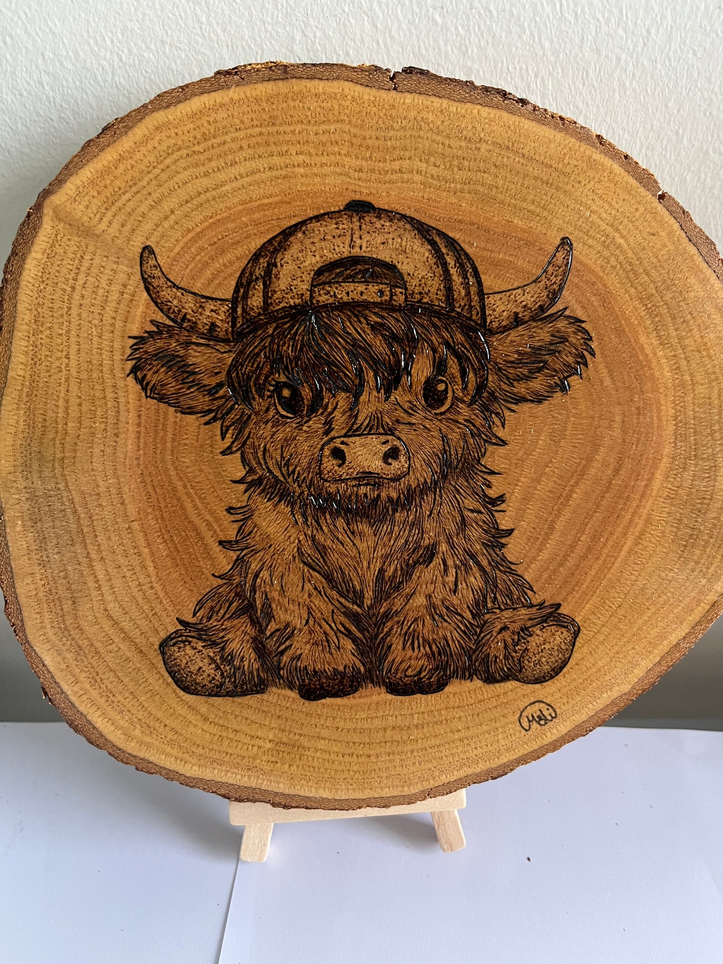 Baby Highland Cow | Original Pyrography on Natural Wood Slice | Handmade by Rosaria