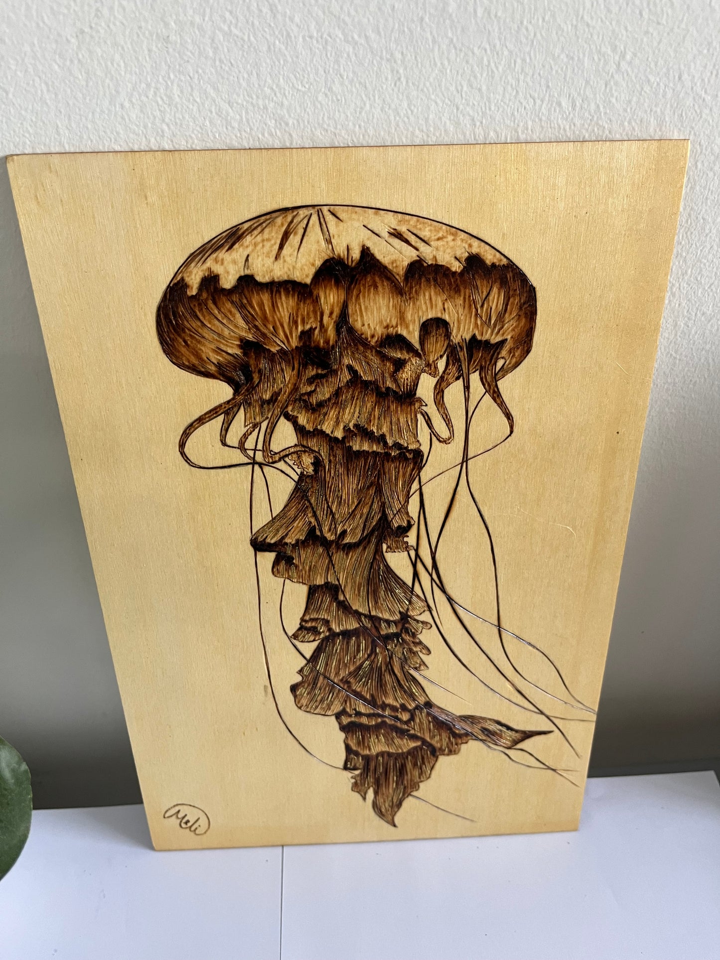 Jellyfish | Original Pyrography & Gold Leaf Accents on Basswood | Handmade by Rosaria