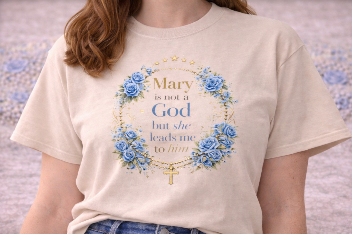 Mary is Not a God But She Leads Me to Him Sweatshirt, Catholic Marian Shirt, Rosary Floral Crewneck, Catholic Gift for Her, Virgin Mary Tee, Religious Apparel