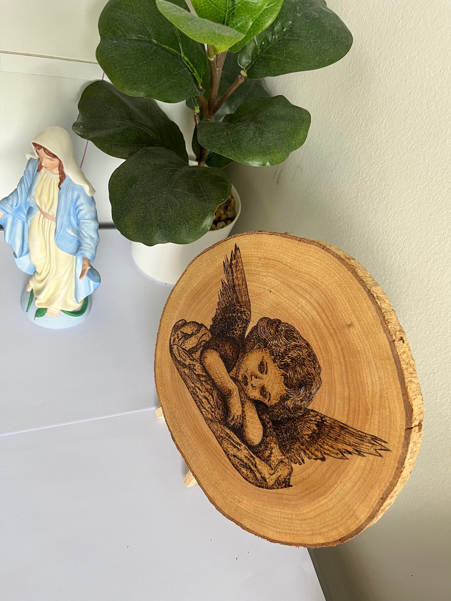 Guardian Angel Cherub Original Pyrography on Natural Wood Slice | Handmade by Rosaria