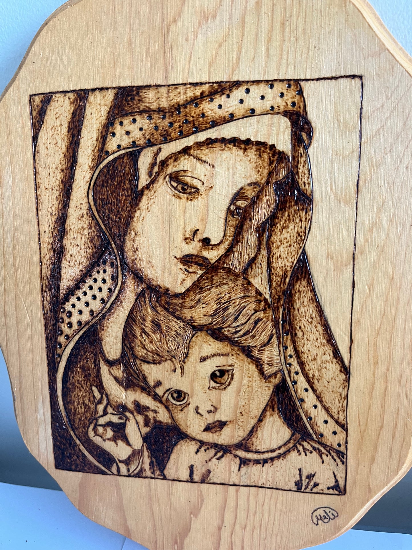 Our Lady & Child Jesus | Original Pyrography Art | Natural Wood Plaque | Handmade by Rosaria