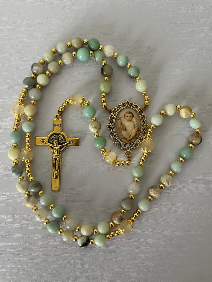 Infant Jesus Rosary | Natural Amazonite Gemstone | Gold-Tone | Handmade by Rosaria