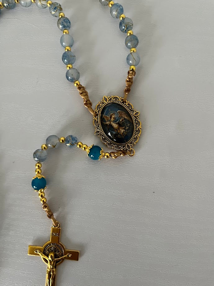 St. Michael Rosary | Blue Gold-Line Glass Beads | Gold-Tone Hardware | Handmade by Rosaria