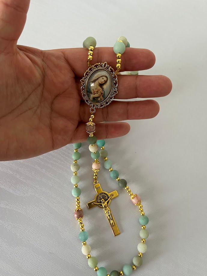 Our Lady of Grace Rosary | Matte Amazonite | Gold-Tone | Handmade by Rosaria