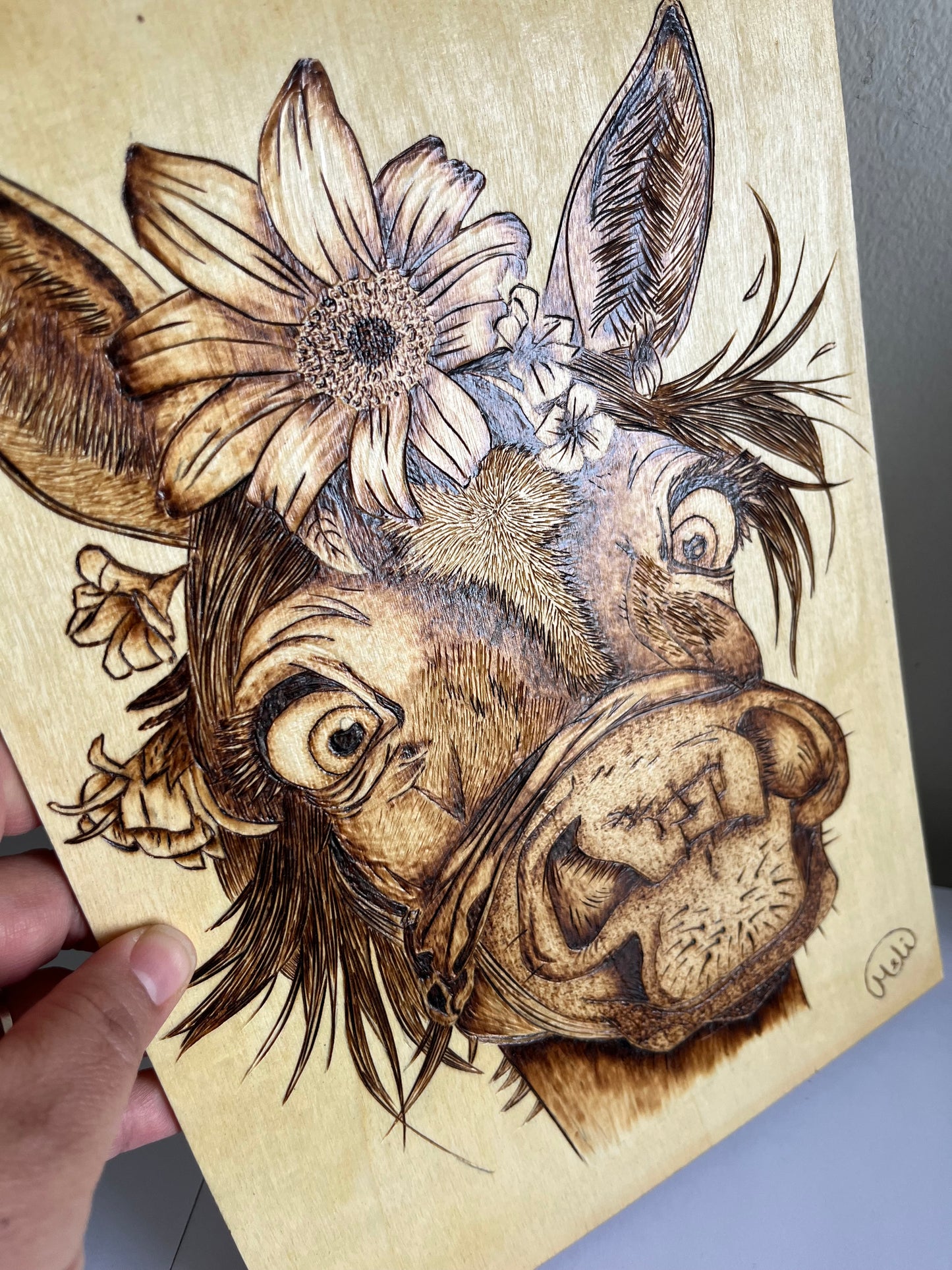 Floral Donkey Portrait | Original Pyrography on Basswood Panel | Handmade by Rosaria