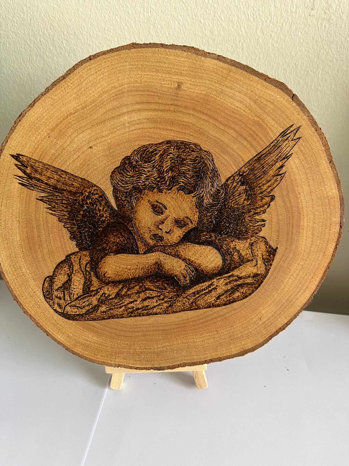 Guardian Angel Cherub Original Pyrography on Natural Wood Slice | Handmade by Rosaria