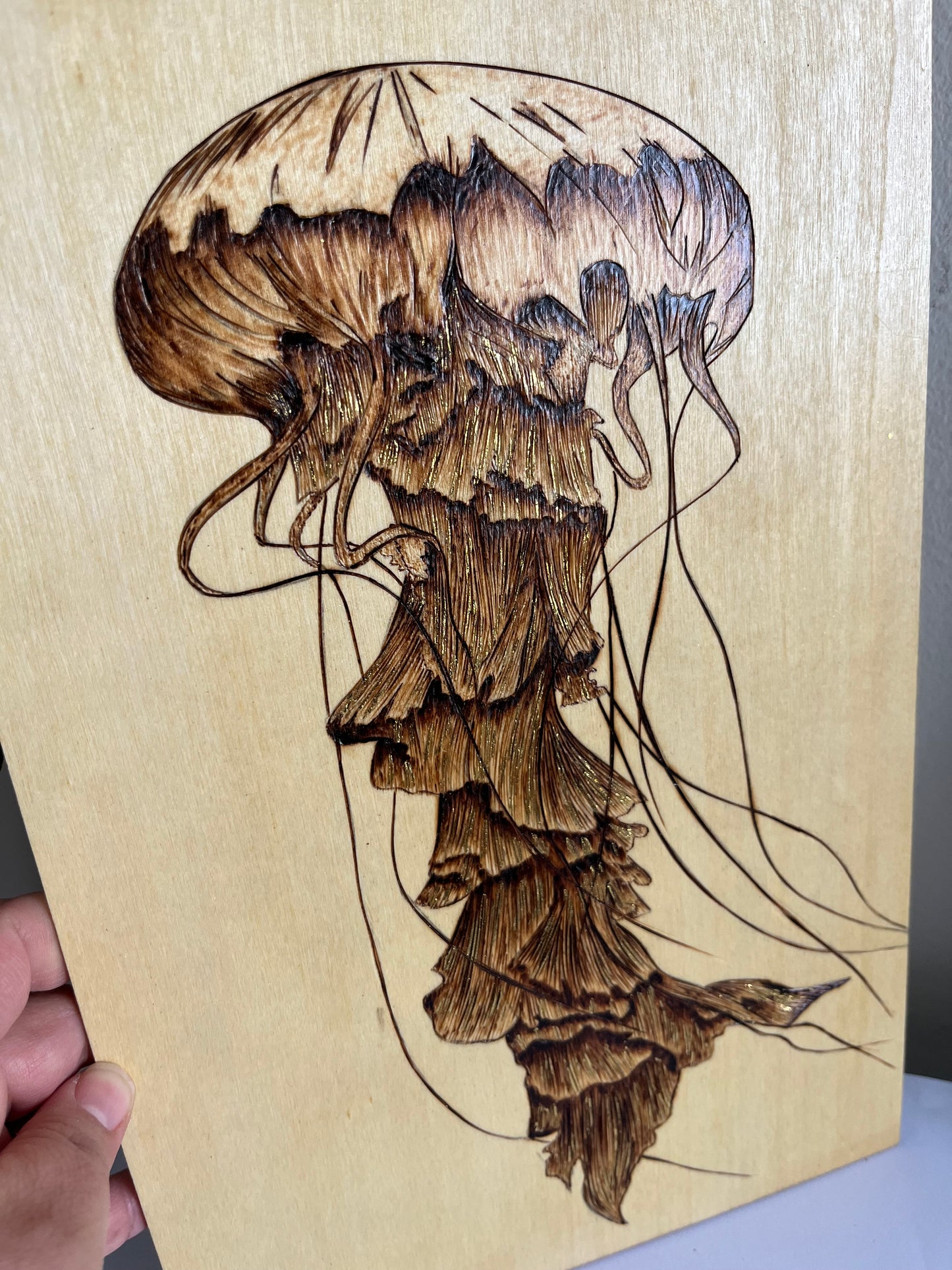 Jellyfish | Original Pyrography & Gold Leaf Accents on Basswood | Handmade by Rosaria