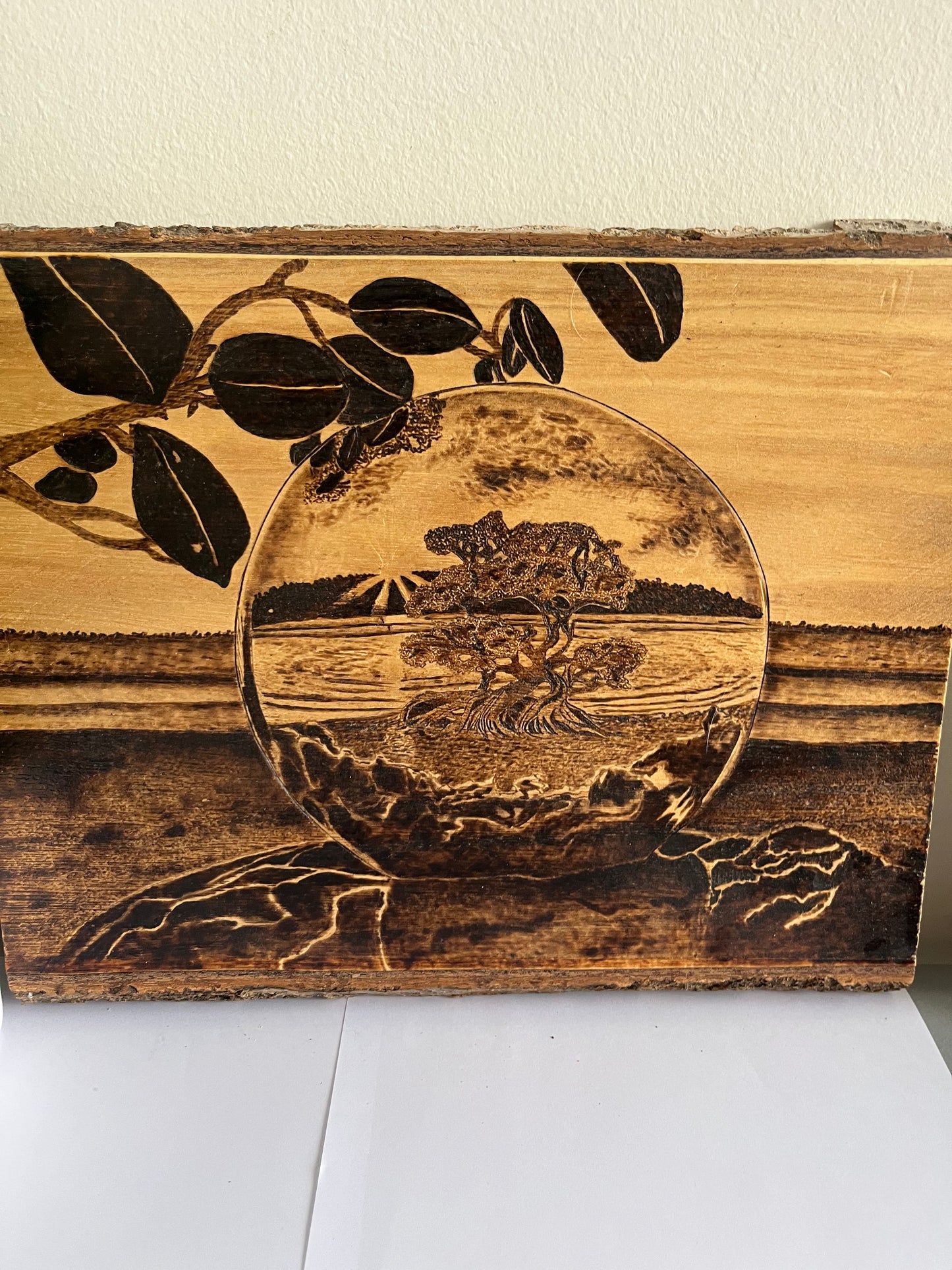 Bonsai Moon Sphere | Original Pyrography on Live-Edge Reclaimed Wood | Handmade by Rosaria