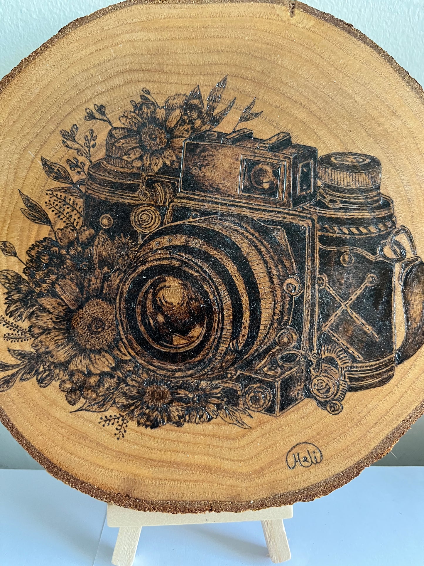 Vintage Camera with Flowers | Original Pyrography on Natural Wood Slice | Handmade by Rosaria