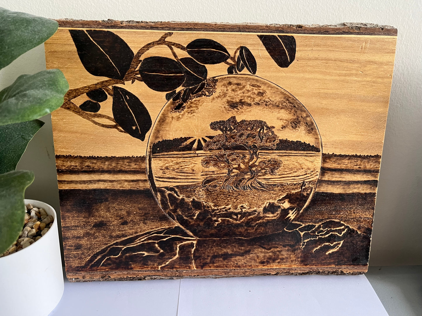 Bonsai Moon Sphere | Original Pyrography on Live-Edge Reclaimed Wood | Handmade by Rosaria