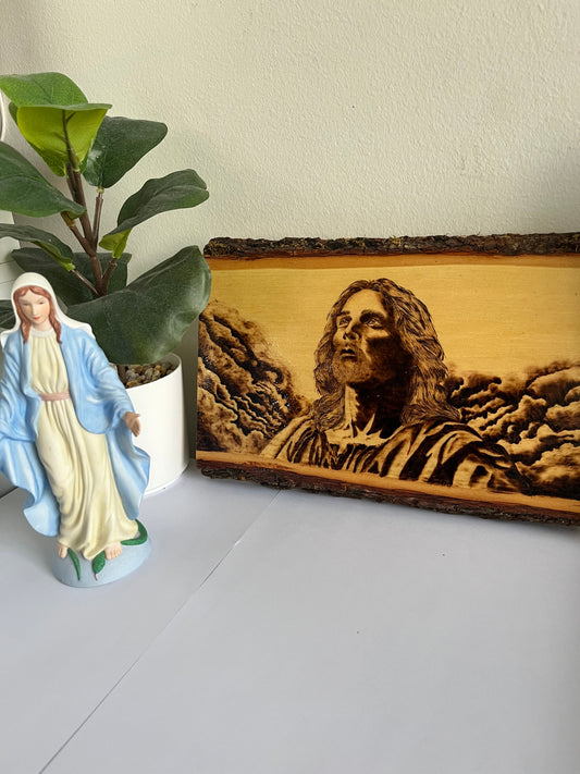 Christ Gazing Heavenward | Original Pyrography on Live-Edge Wood | Handmade by Rosaria