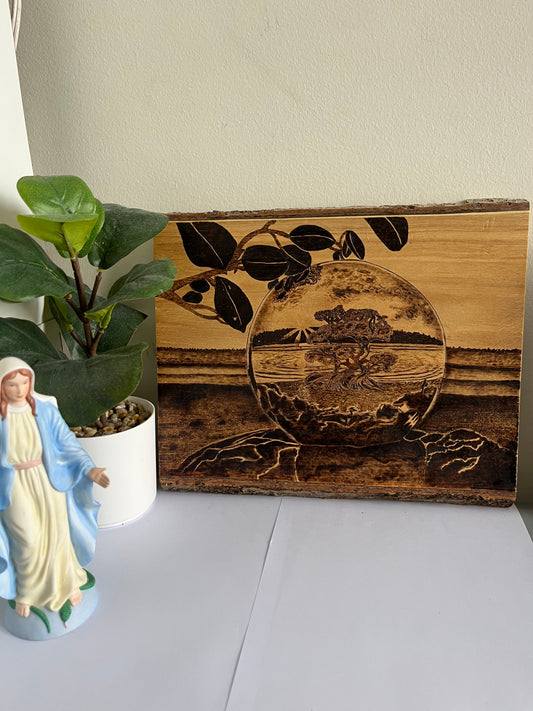 Bonsai Moon Sphere | Original Pyrography on Live-Edge Reclaimed Wood | Handmade by Rosaria