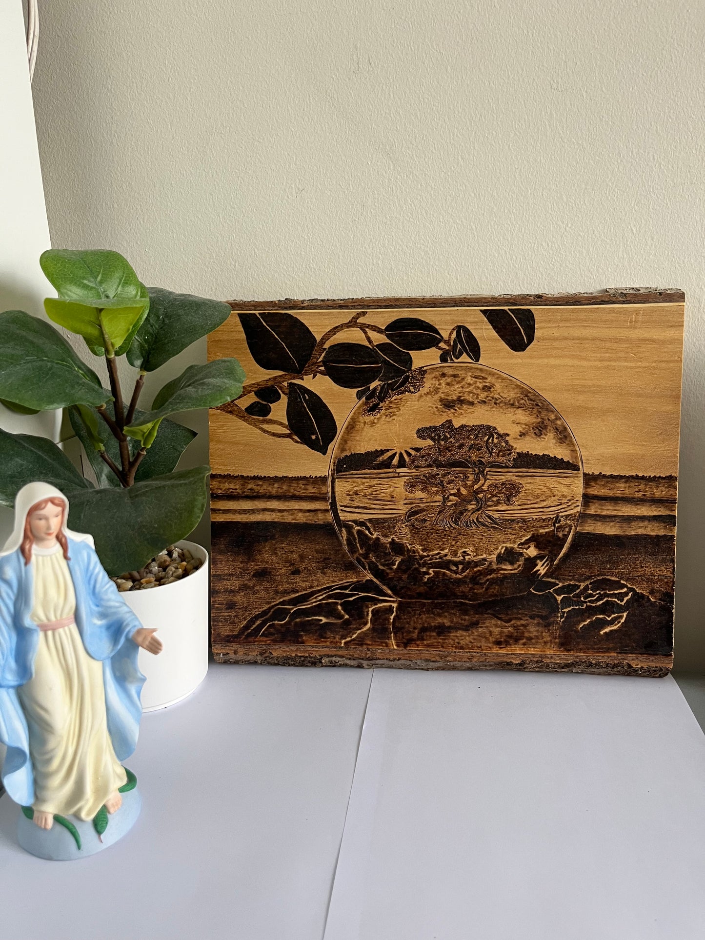 Bonsai Moon Sphere | Original Pyrography on Live-Edge Reclaimed Wood | Handmade by Rosaria
