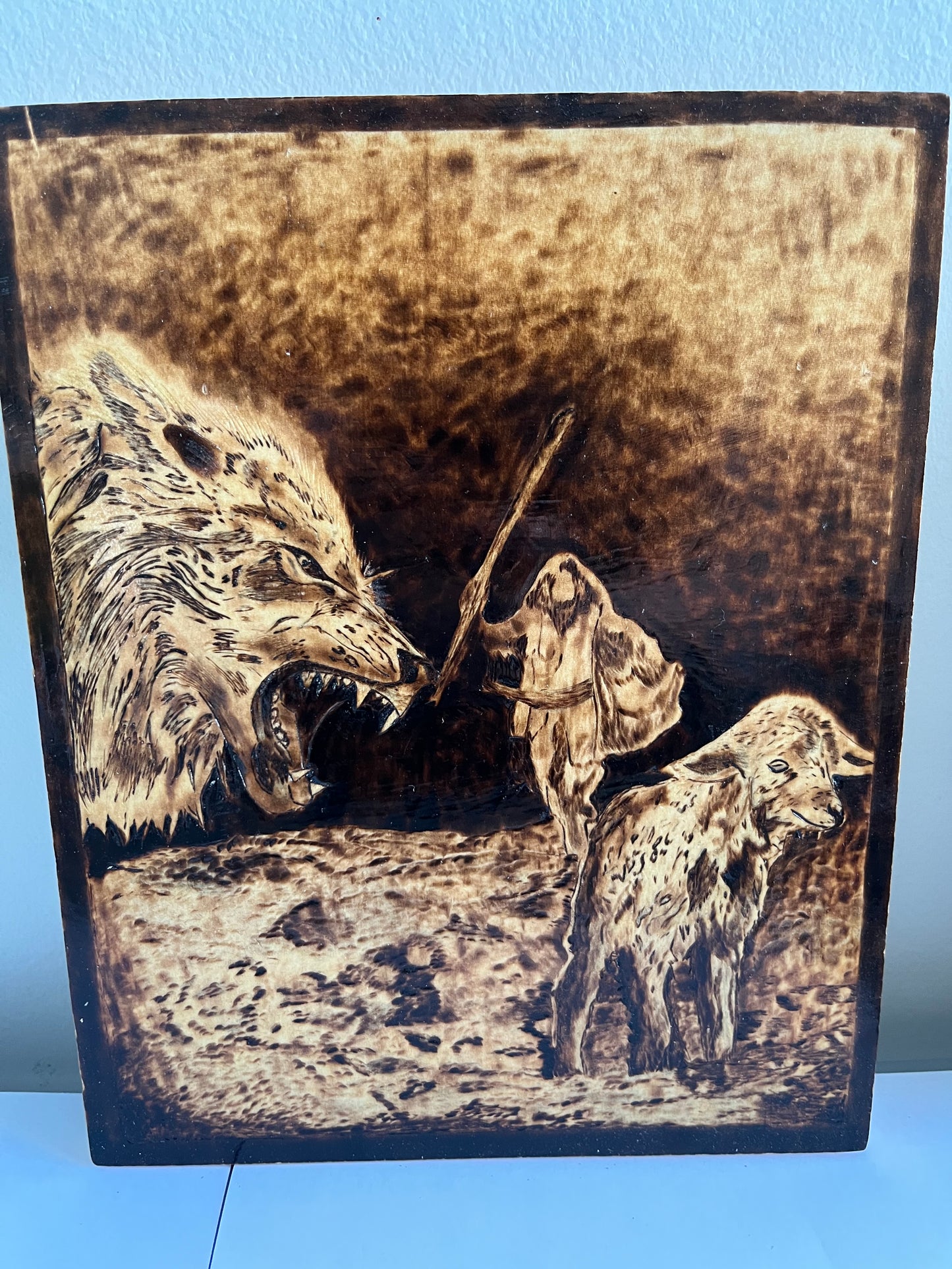 Good Shepherd Defending His Flock | Original Pyrography on Wood | Handmade by Rosaria