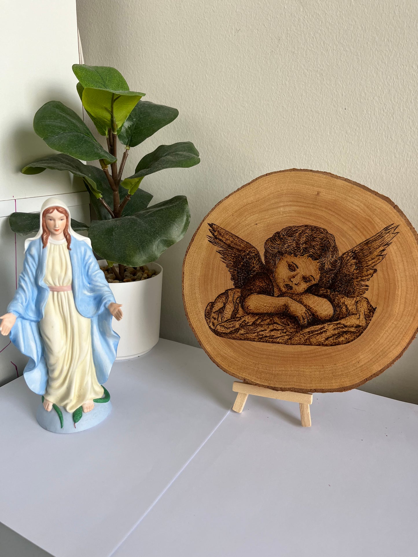 Guardian Angel Cherub Original Pyrography on Natural Wood Slice | Handmade by Rosaria