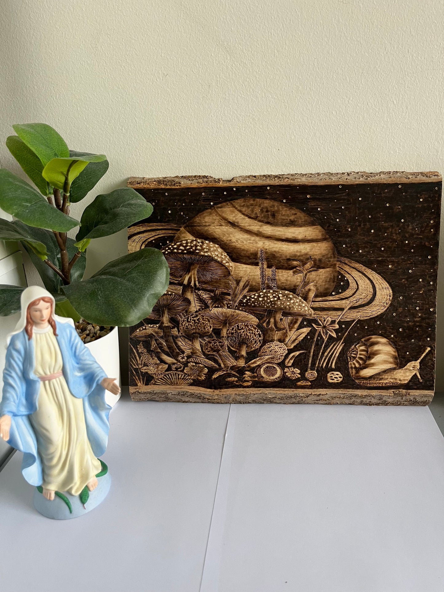 Cosmic Mushroom Forest | Original Pyrography on Live-Edge Reclaimed Wood | Handmade