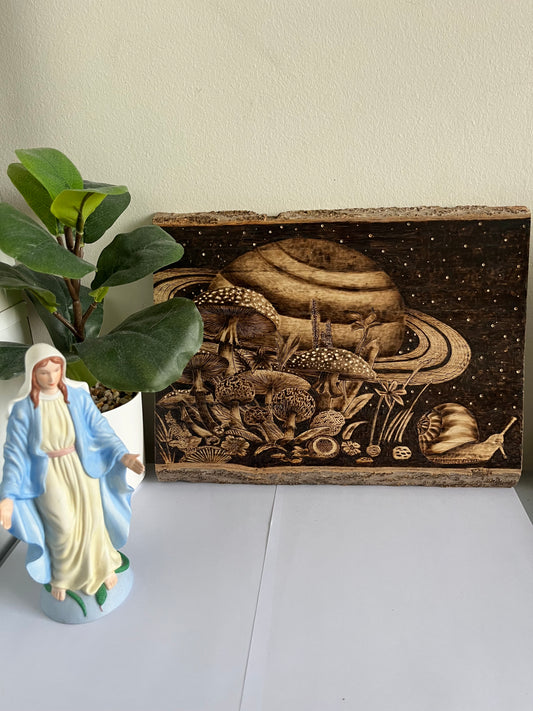 Cosmic Mushroom Forest | Original Pyrography on Live-Edge Reclaimed Wood | Handmade