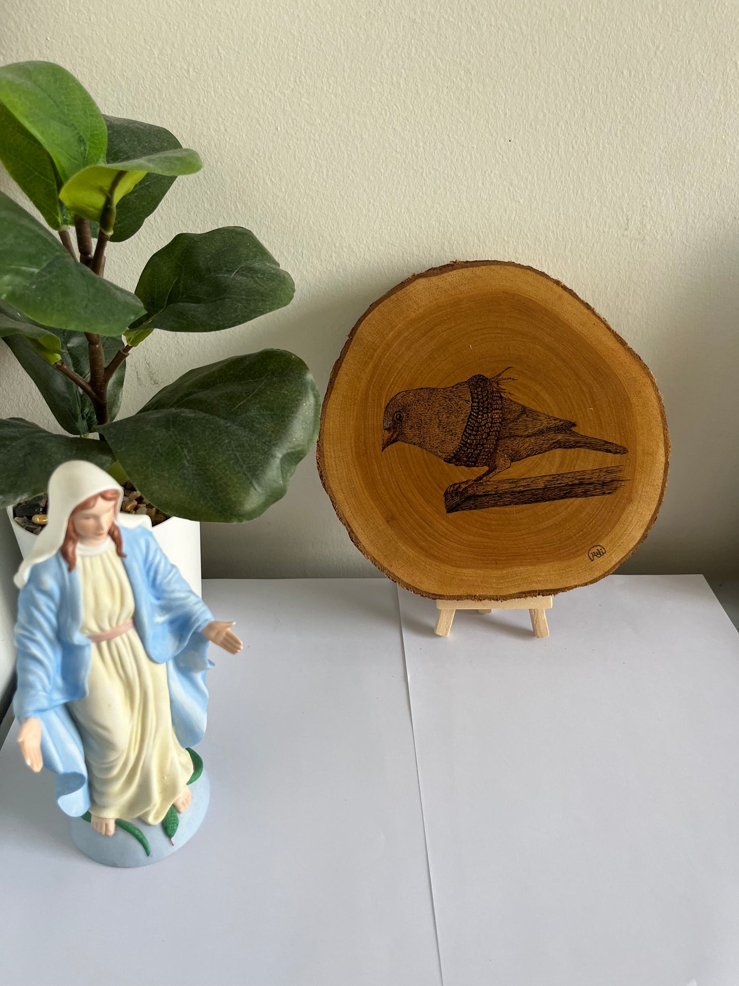 Songbird on Branch | Original Pyrography on Natural Wood Slice | Handmade by Rosaria