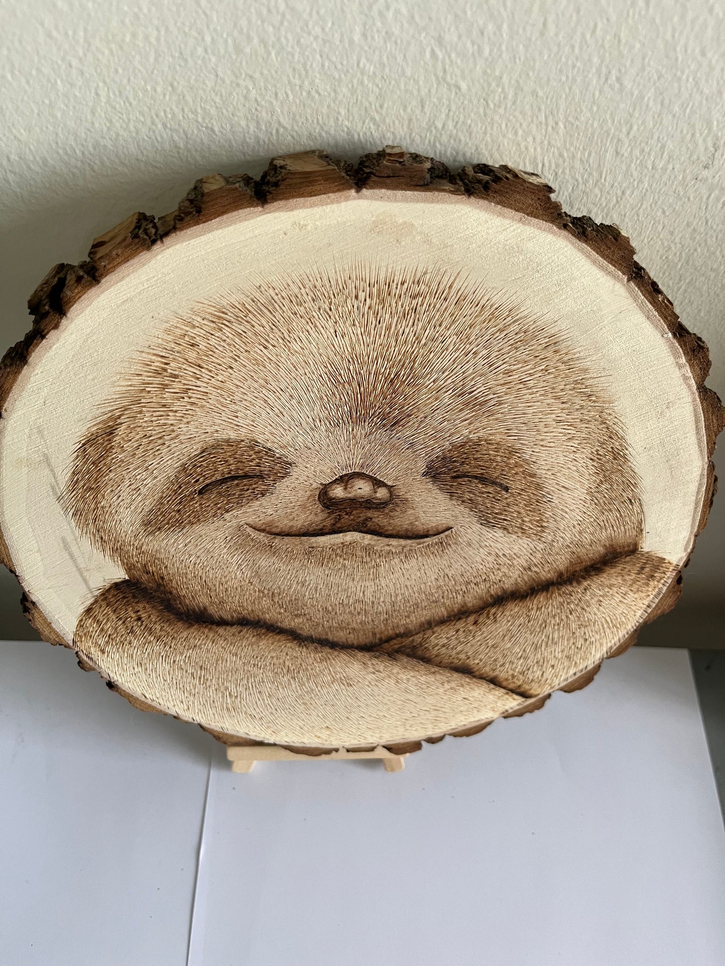 Happy Sloth | Original Pyrography on Natural Wood Slice | Handmade by Rosaria