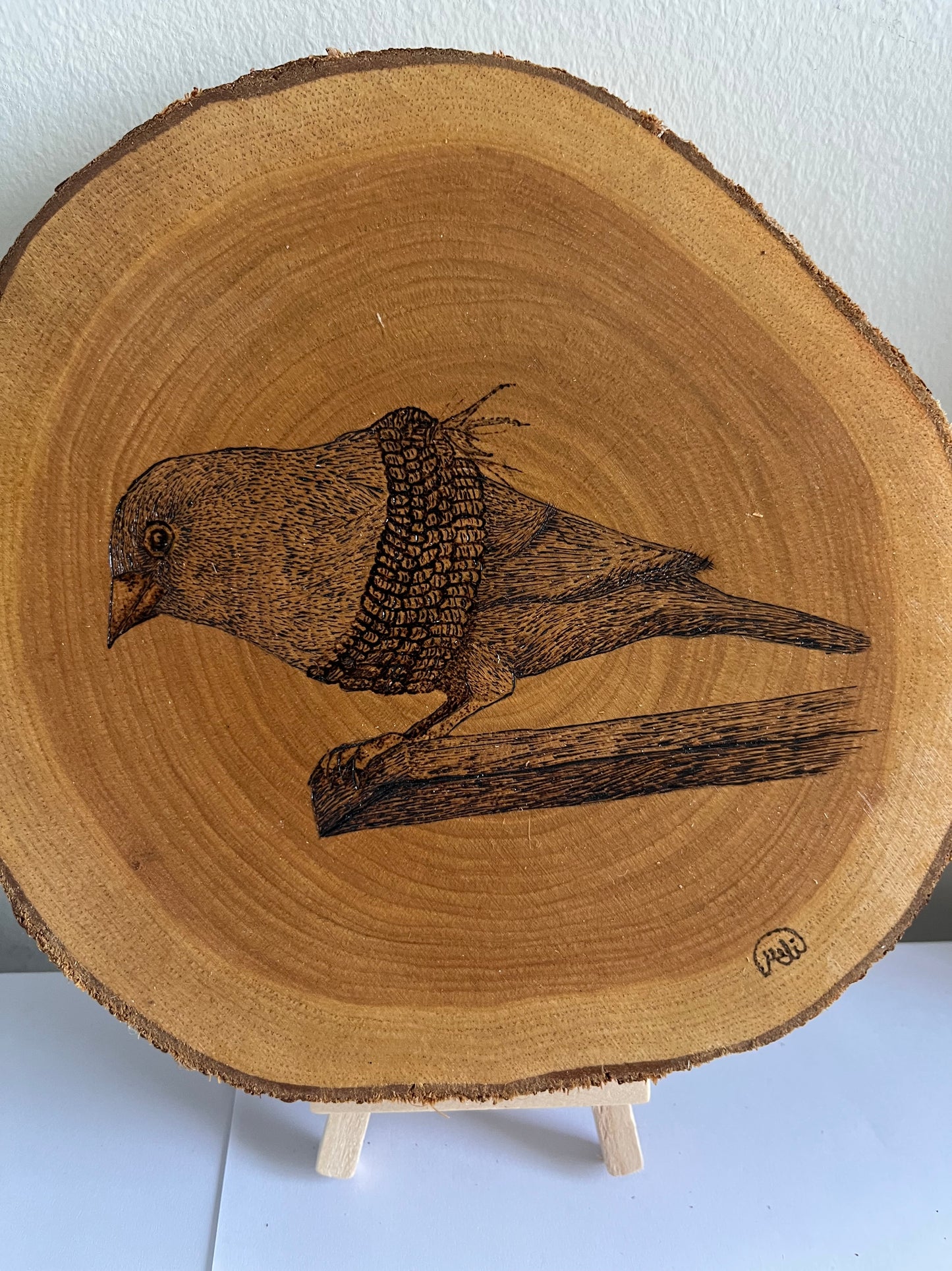 Songbird on Branch | Original Pyrography on Natural Wood Slice | Handmade by Rosaria