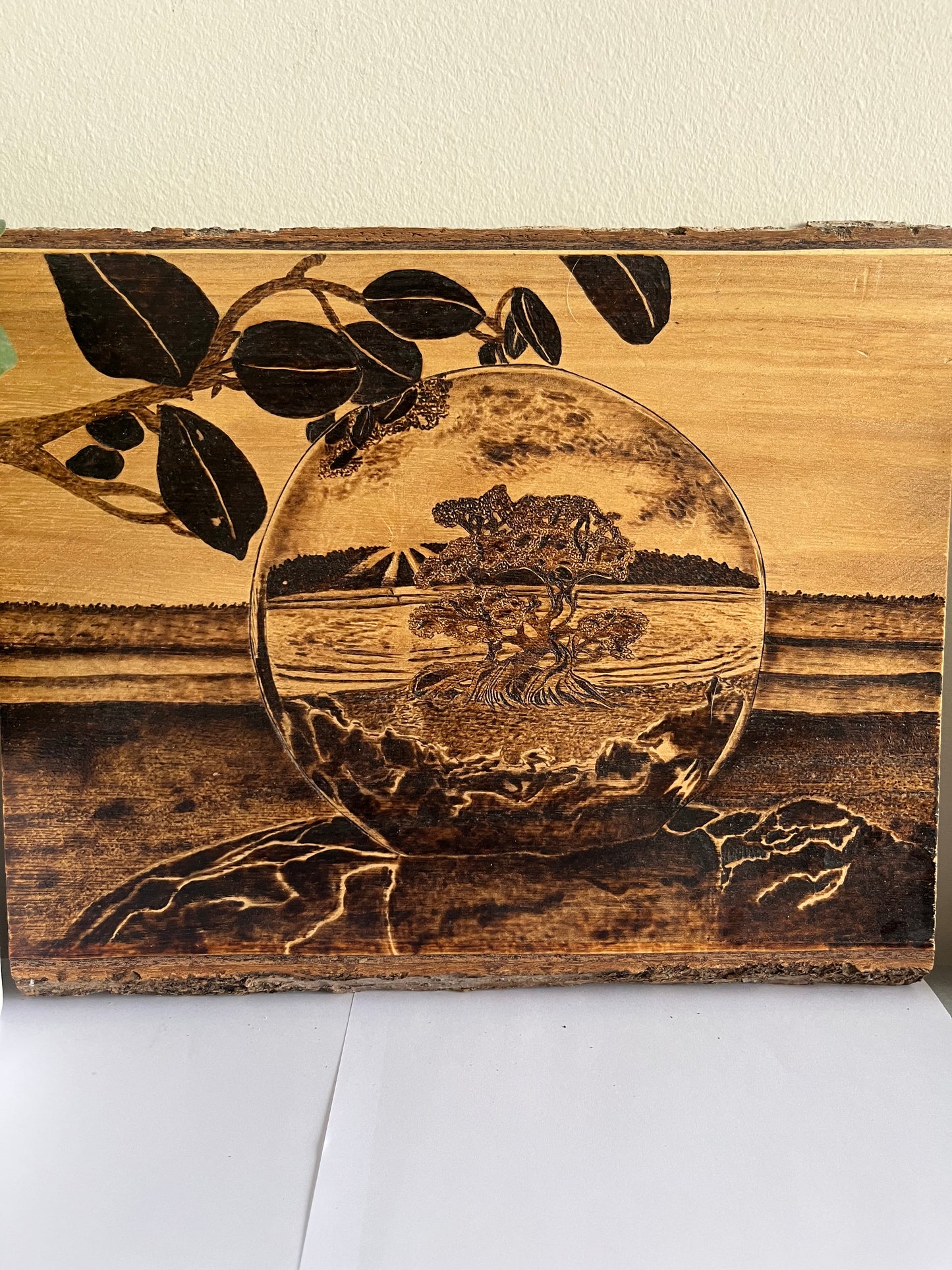Bonsai Moon Sphere | Original Pyrography on Live-Edge Reclaimed Wood | Handmade by Rosaria