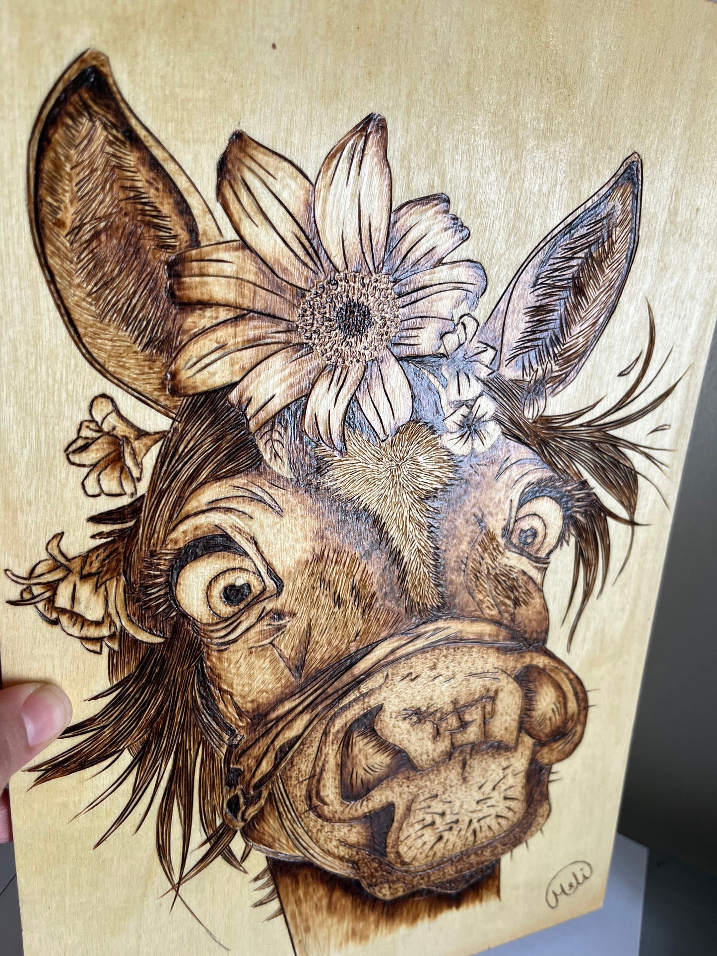 Floral Donkey Portrait | Original Pyrography on Basswood Panel | Handmade by Rosaria