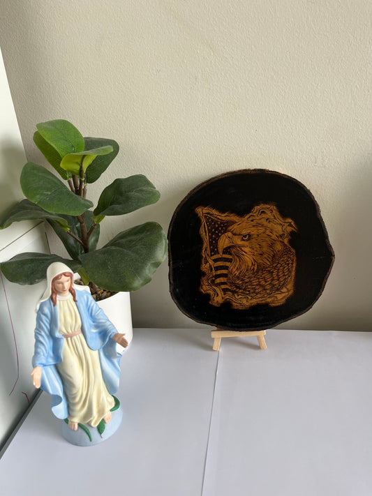 American Eagle & Flag | Original Pyrography on Black Wood Slice | Handmade by Rosaria