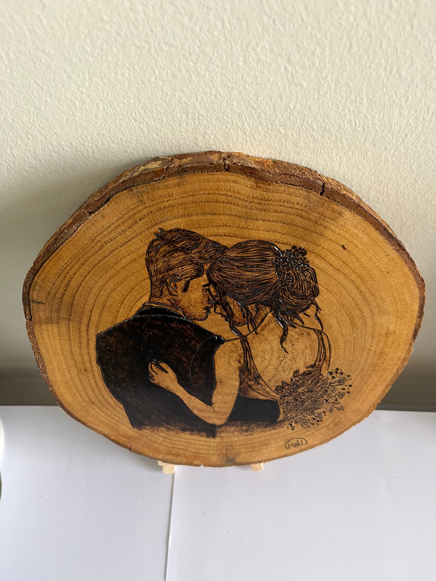Wedding Couple | Original Pyrography on Natural Wood Slice | Handmade by Rosaria
