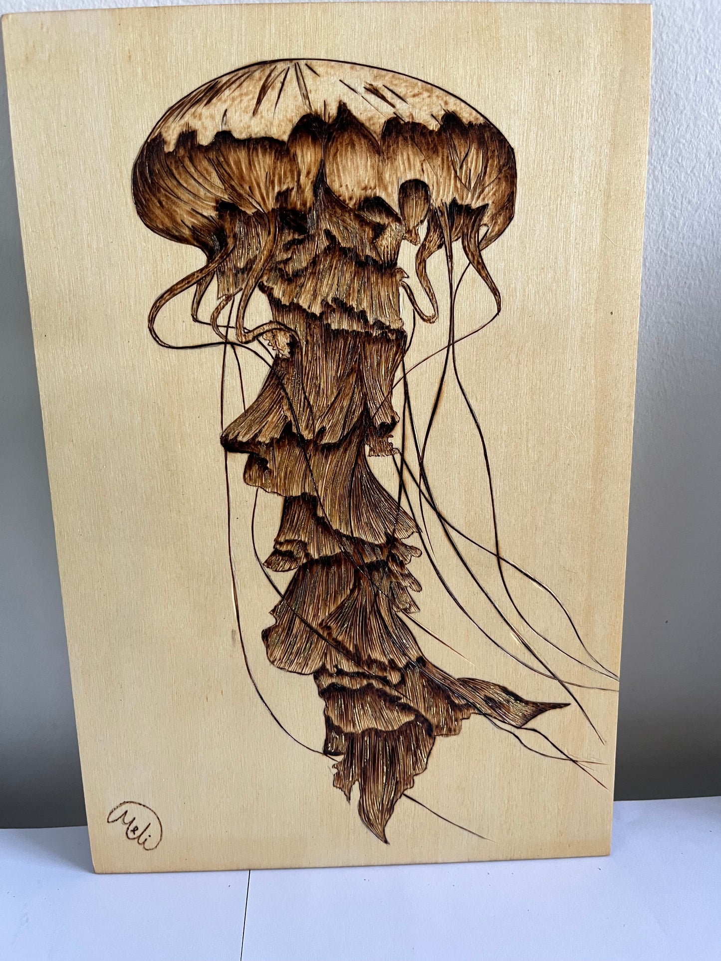 Jellyfish | Original Pyrography & Gold Leaf Accents on Basswood | Handmade by Rosaria