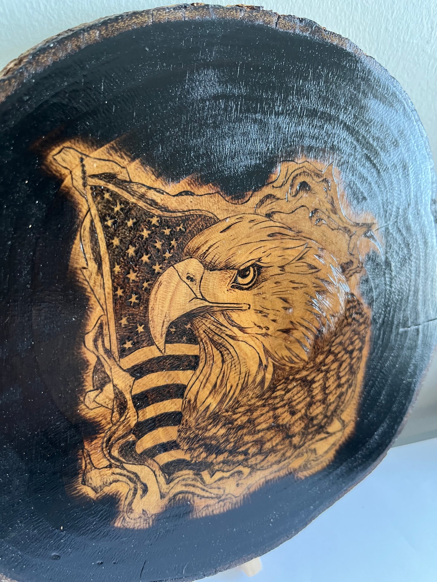 American Eagle & Flag | Original Pyrography on Black Wood Slice | Handmade by Rosaria