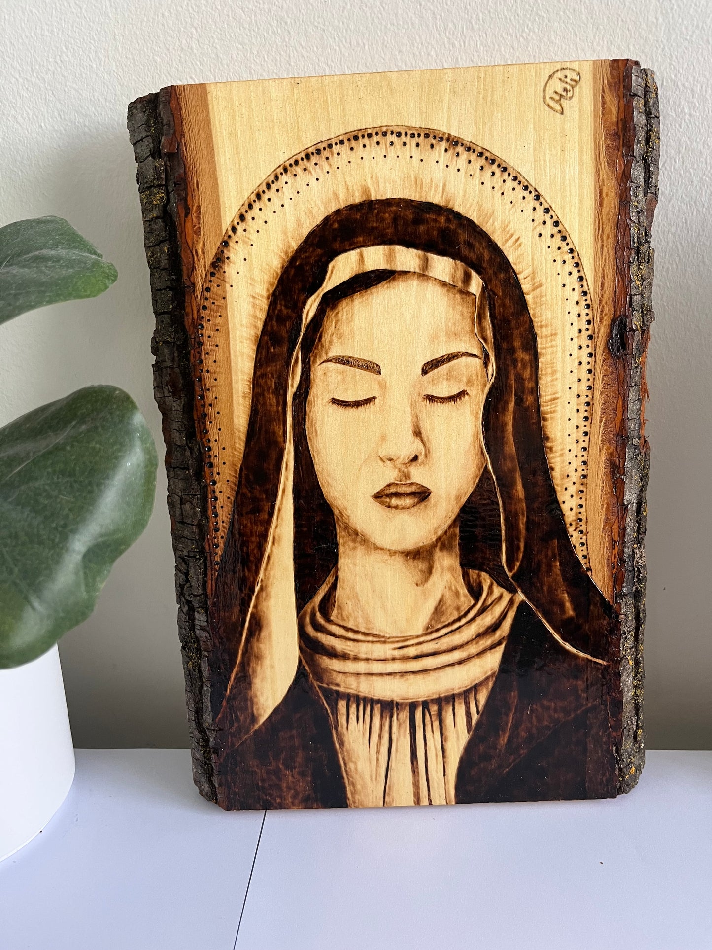 Our Lady in Prayer | Original Pyrography on Live-Edge Wood | Handmade by Rosaria