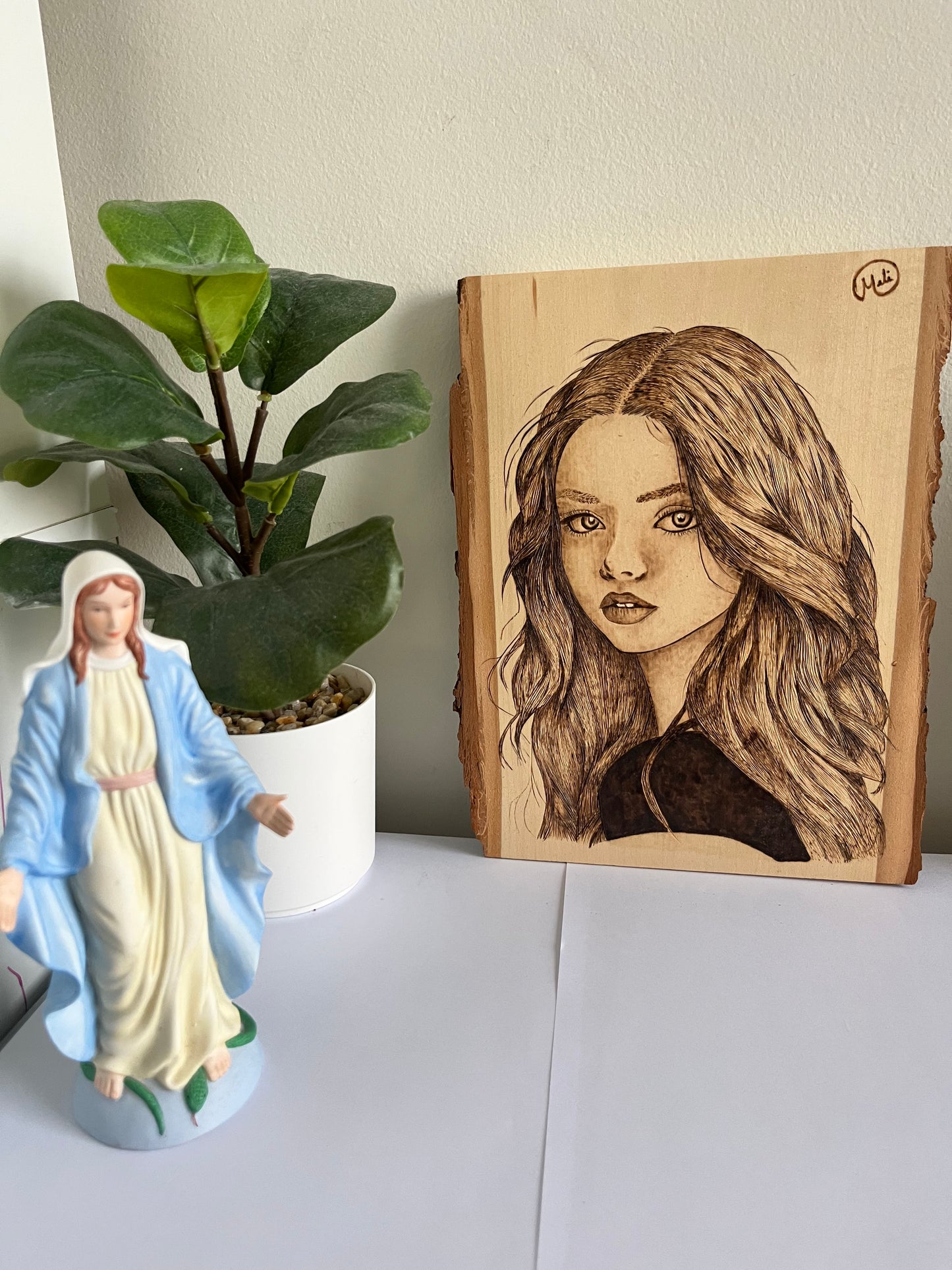 Female Portrait | Original Pyrography on Live-Edge Wood Plank | Handmade by Rosaria