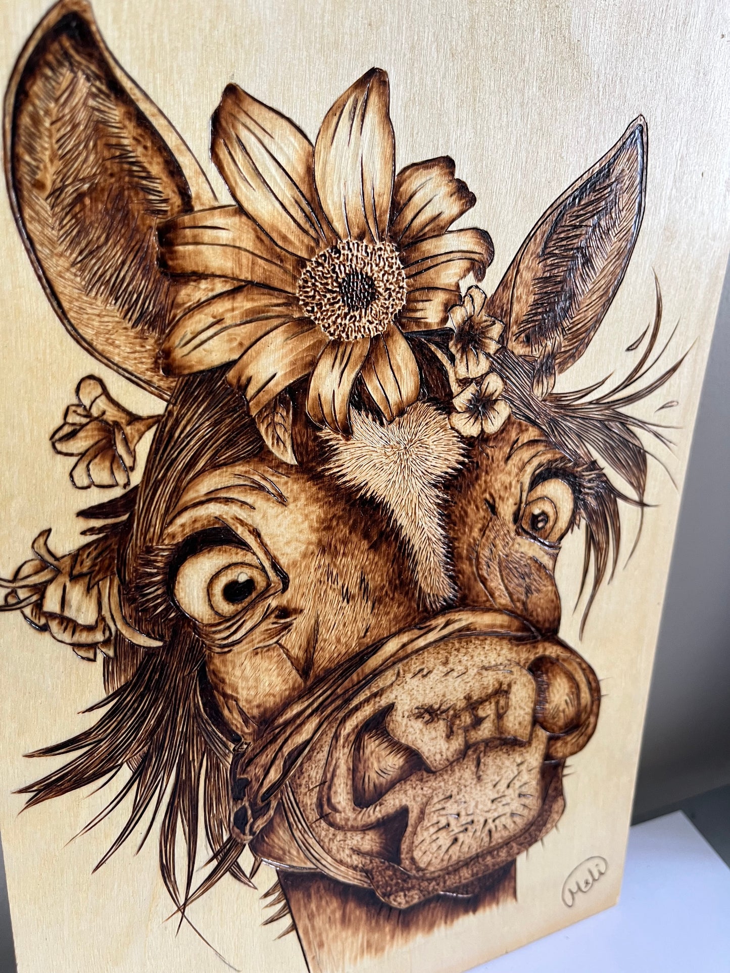 Floral Donkey Portrait | Original Pyrography on Basswood Panel | Handmade by Rosaria