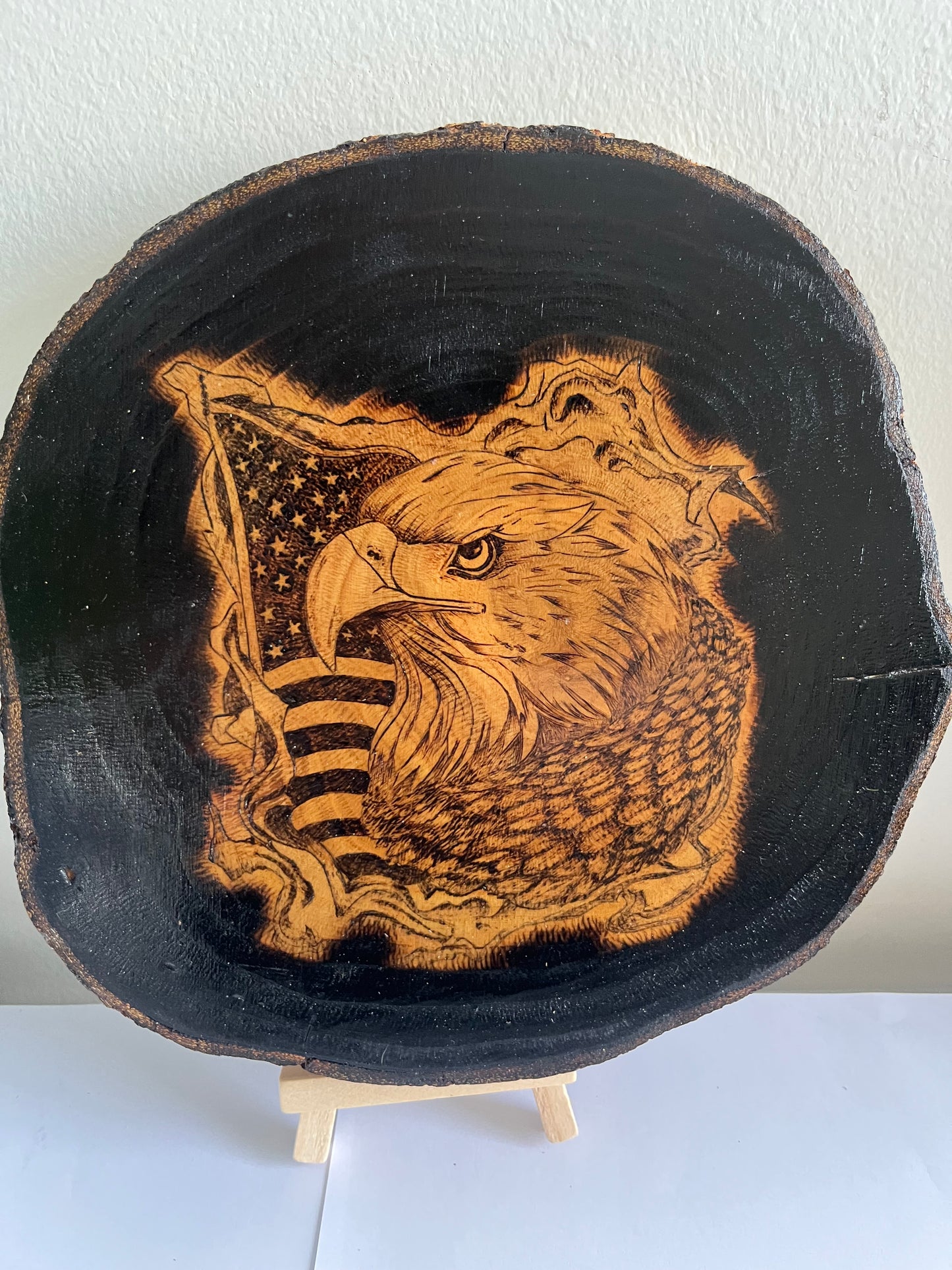 American Eagle & Flag | Original Pyrography on Black Wood Slice | Handmade by Rosaria