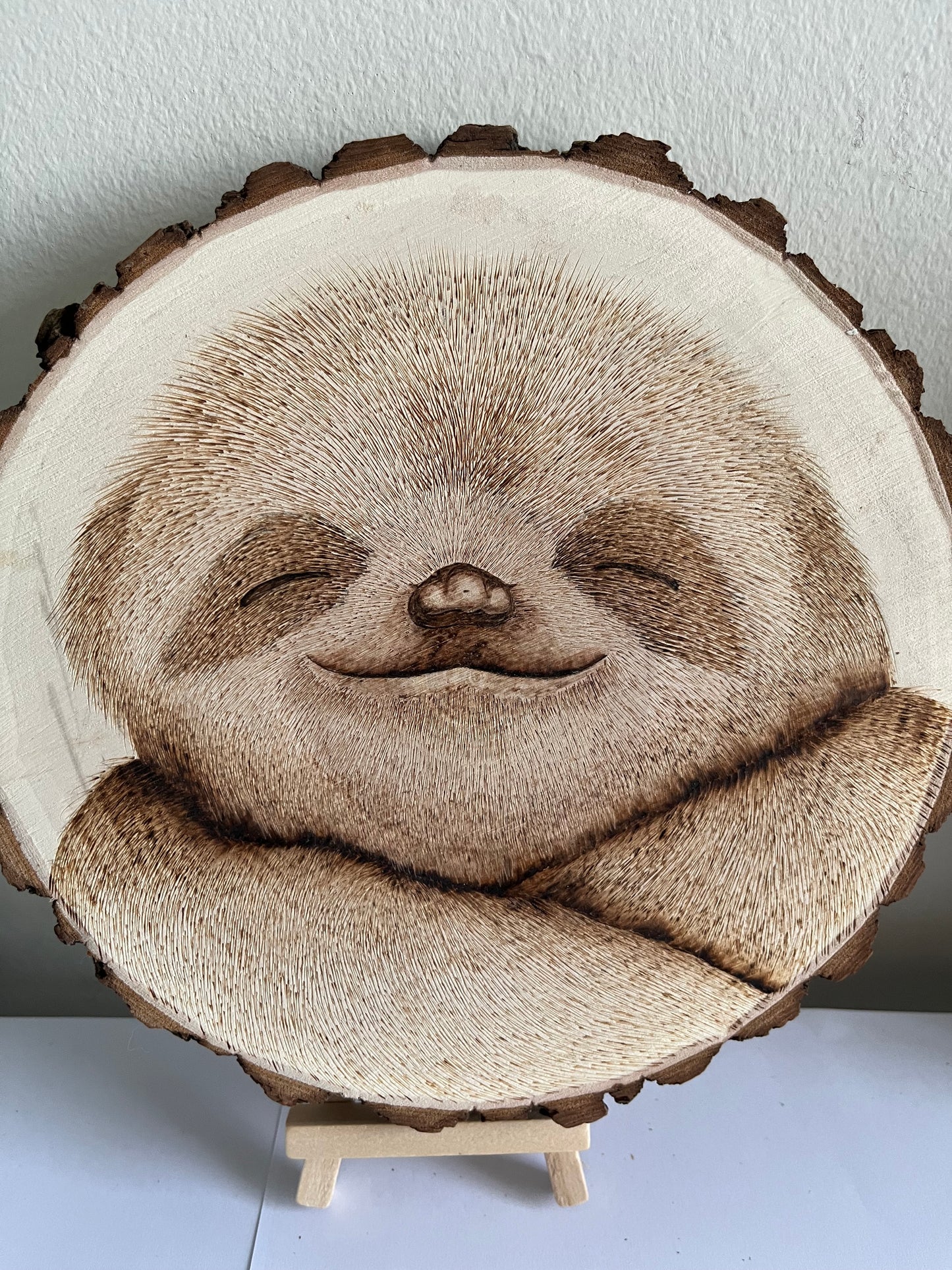 Happy Sloth | Original Pyrography on Natural Wood Slice | Handmade by Rosaria