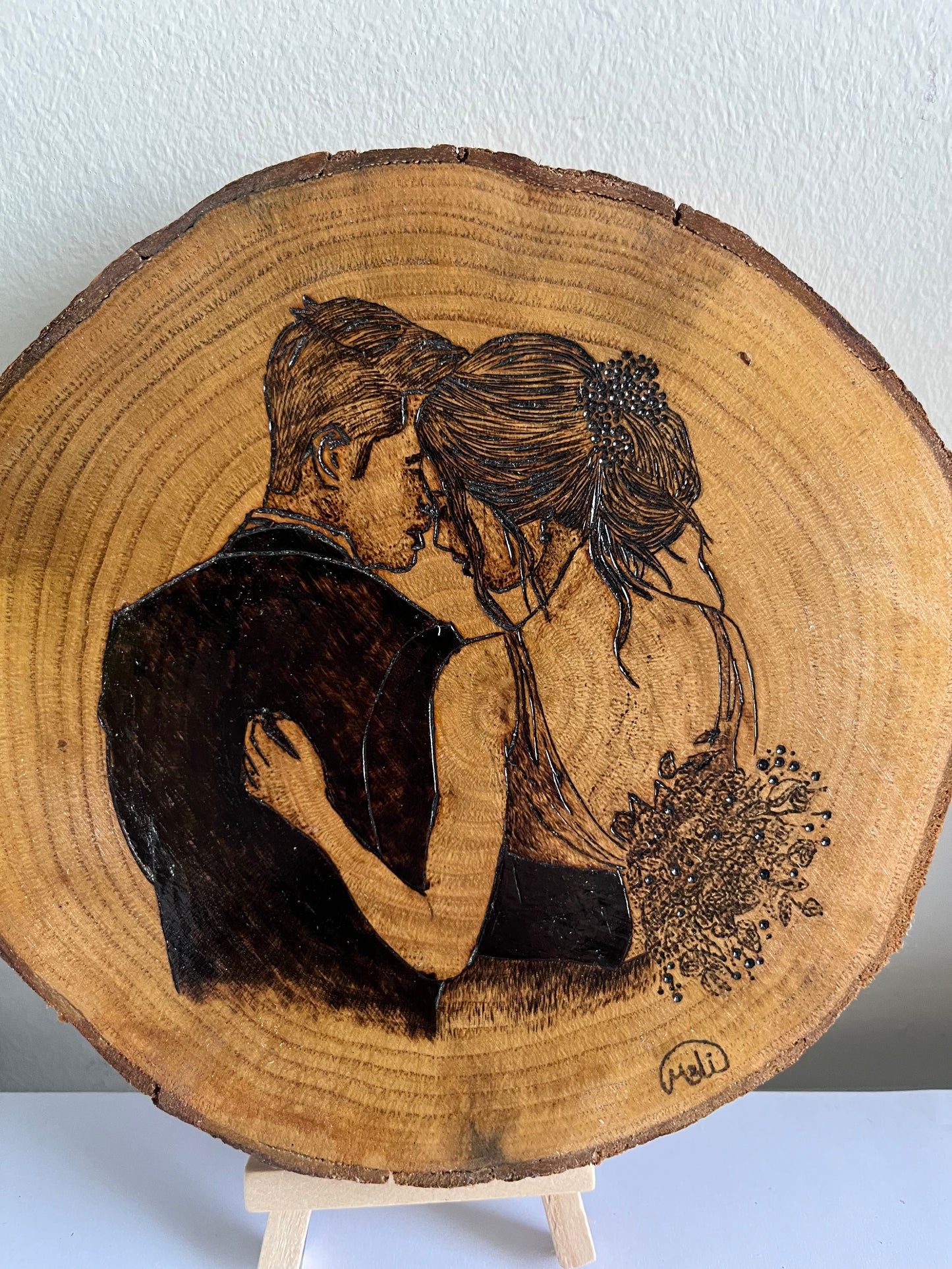 Wedding Couple | Original Pyrography on Natural Wood Slice | Handmade by Rosaria