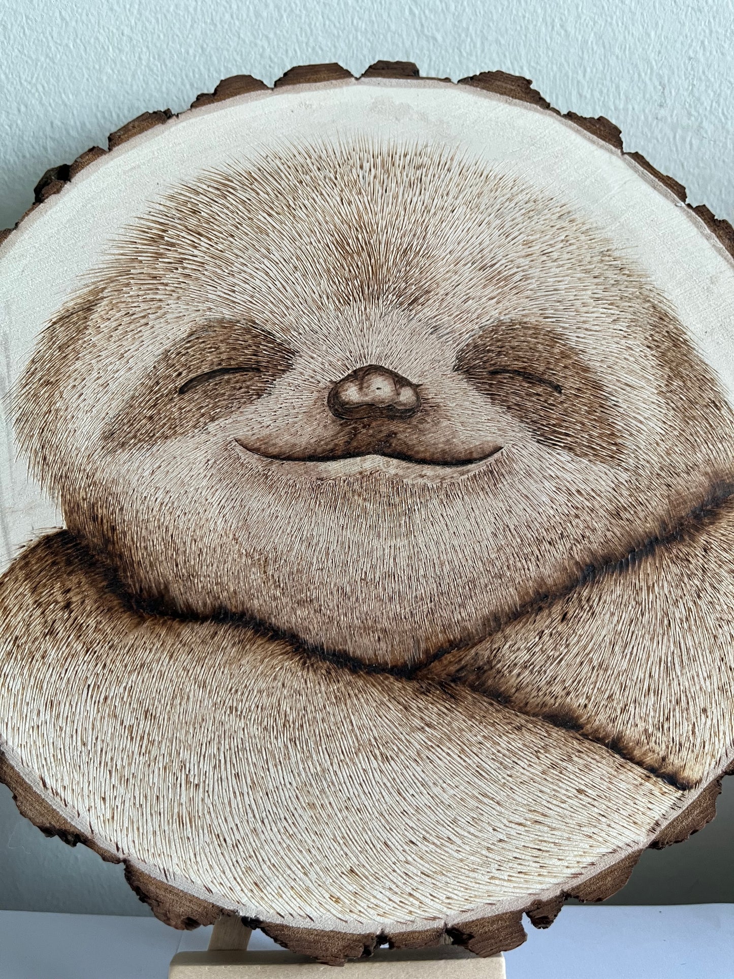 Happy Sloth | Original Pyrography on Natural Wood Slice | Handmade by Rosaria