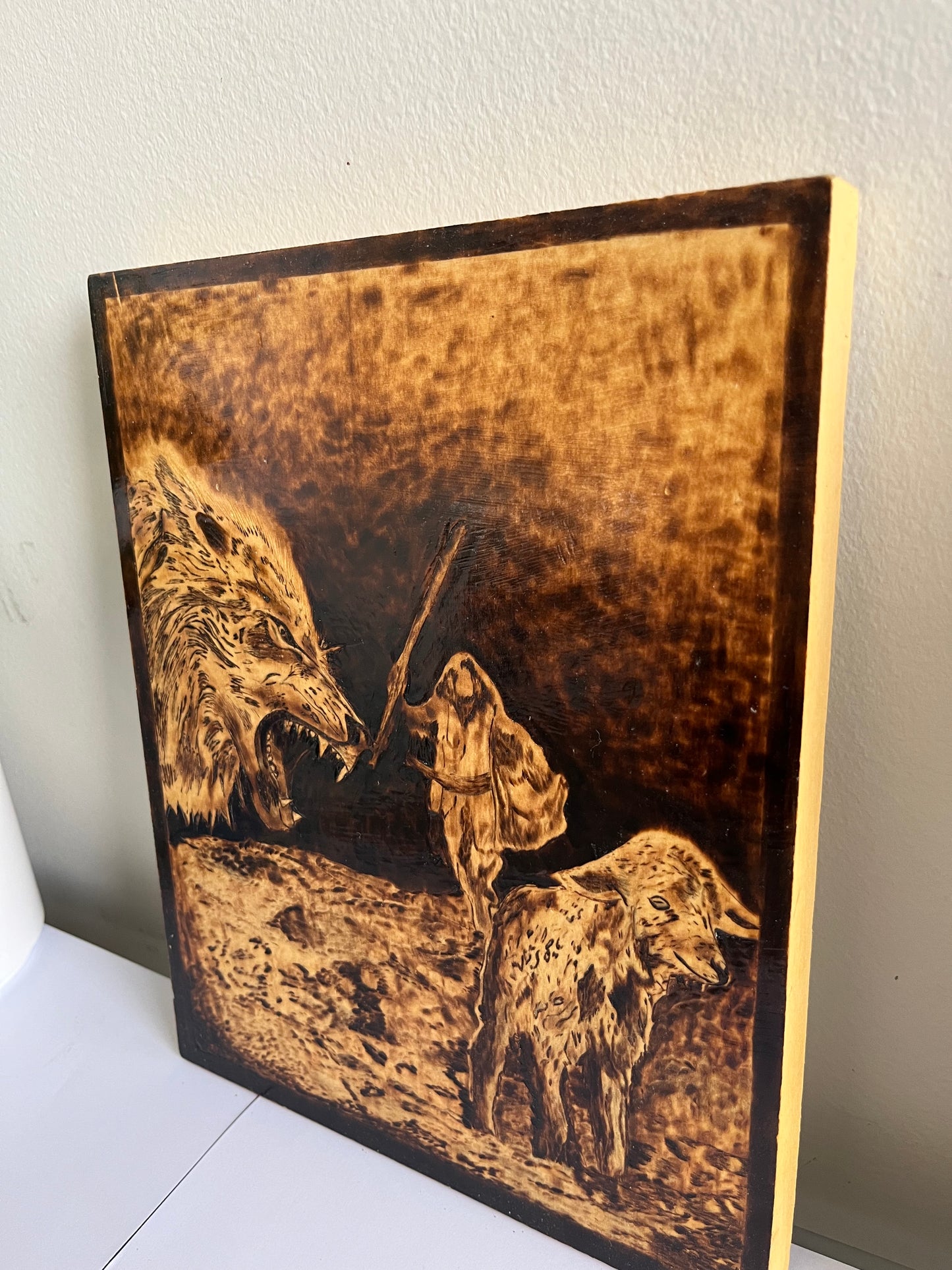 Good Shepherd Defending His Flock | Original Pyrography on Wood | Handmade by Rosaria