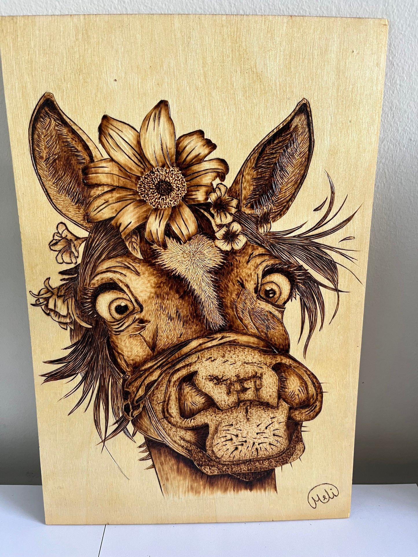 Floral Donkey Portrait | Original Pyrography on Basswood Panel | Handmade by Rosaria