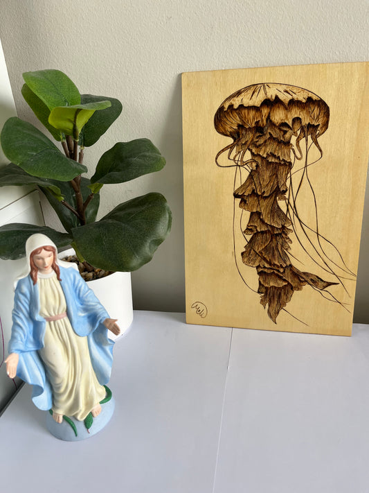 Jellyfish | Original Pyrography & Gold Leaf Accents on Basswood | Handmade by Rosaria