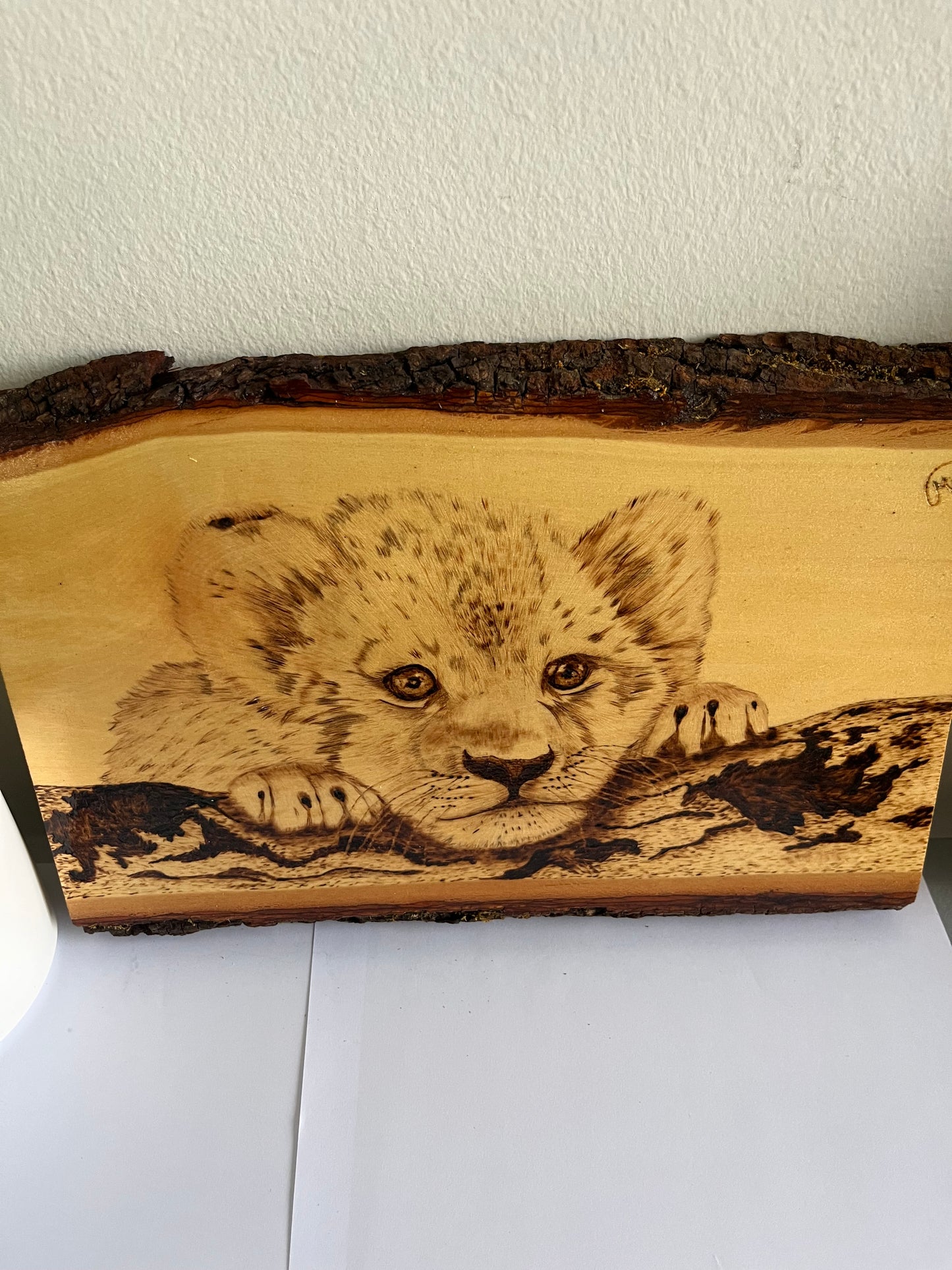 Baby Lion Cub | Original Pyrography on Natural Live-Edge Wood Slab | Handmade