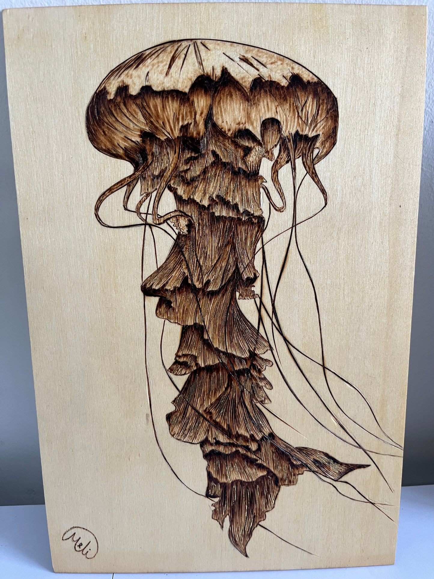 Jellyfish | Original Pyrography & Gold Leaf Accents on Basswood | Handmade by Rosaria