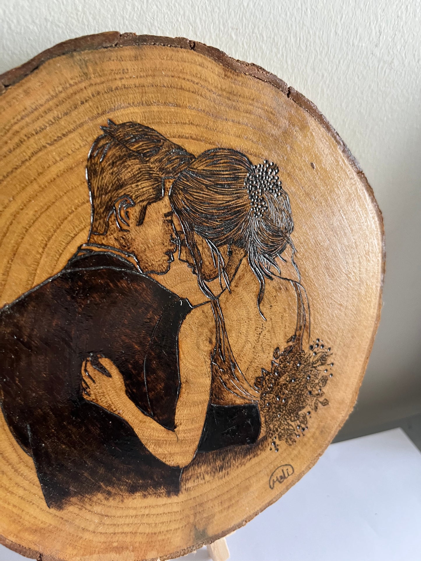 Wedding Couple | Original Pyrography on Natural Wood Slice | Handmade by Rosaria