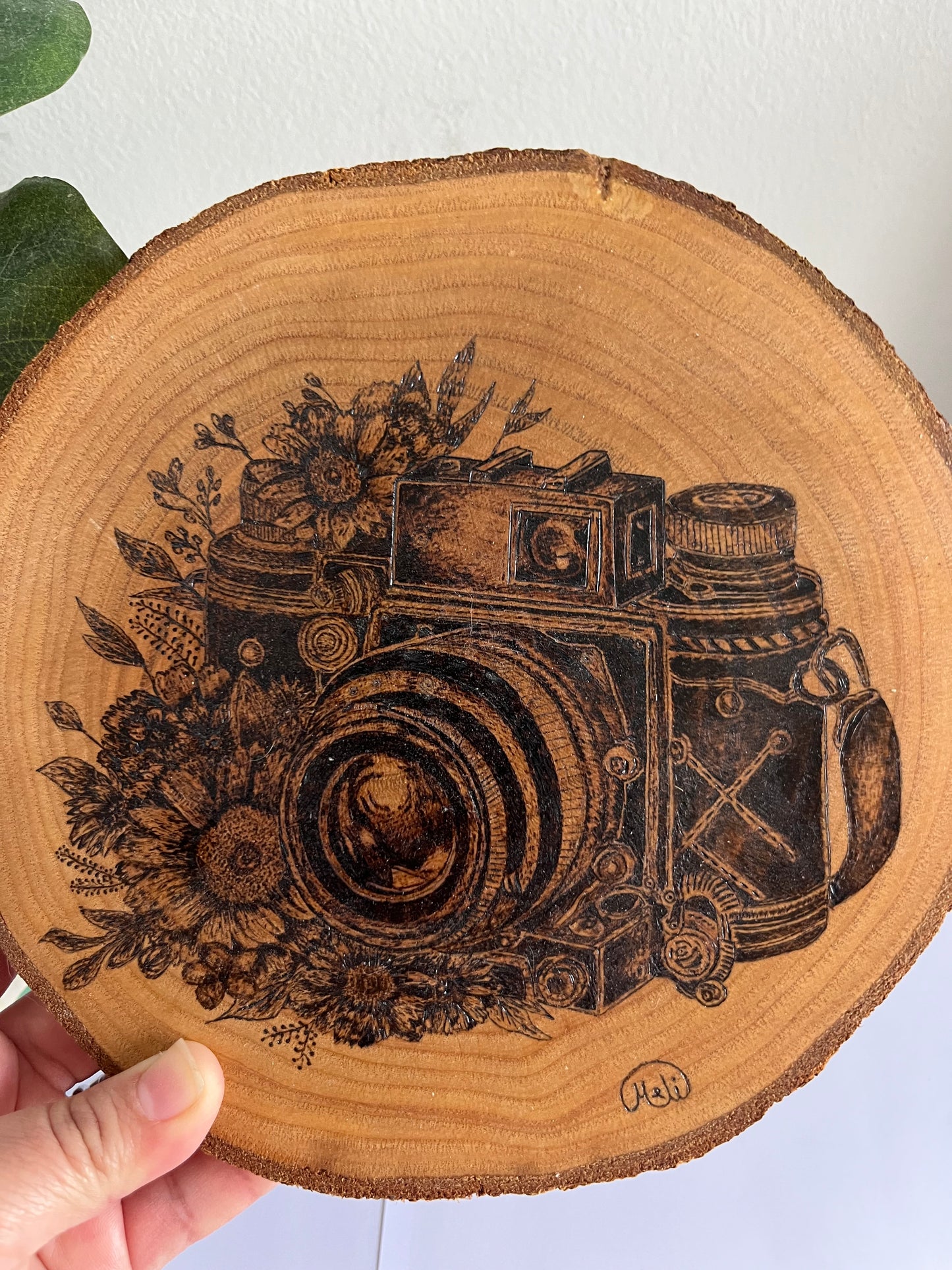 Vintage Camera with Flowers | Original Pyrography on Natural Wood Slice | Handmade by Rosaria