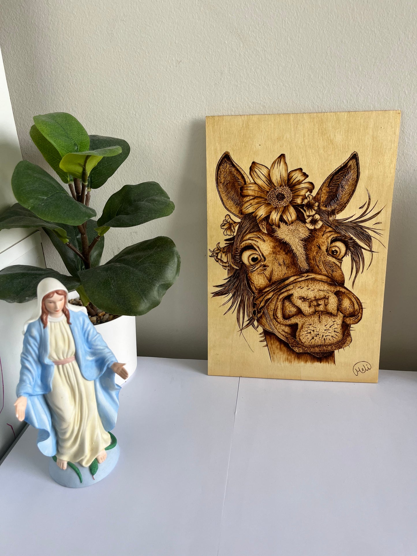 Floral Donkey Portrait | Original Pyrography on Basswood Panel | Handmade by Rosaria