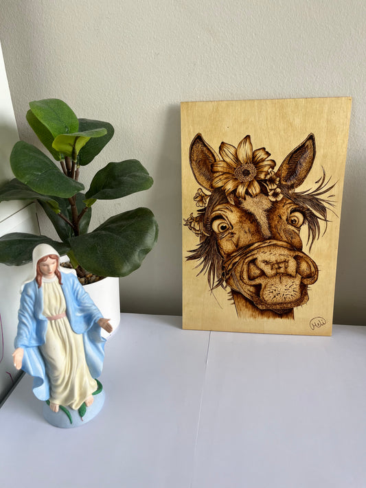 Floral Donkey Portrait | Original Pyrography on Basswood Panel | Handmade by Rosaria