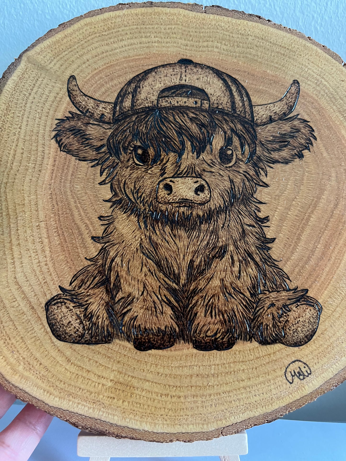 Baby Highland Cow | Original Pyrography on Natural Wood Slice | Handmade by Rosaria